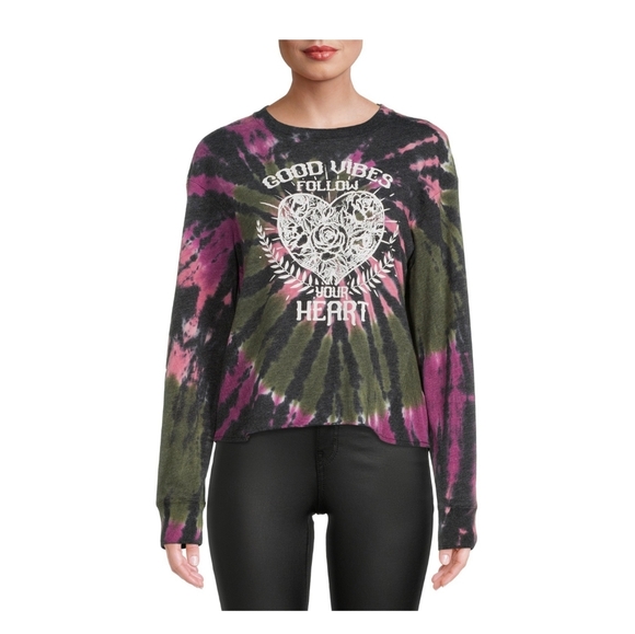 No Boundaries NWT Juniors' Cropped "Good Vibes" Tie Dye Long Sleeve Top 783 - Picture 5 of 6